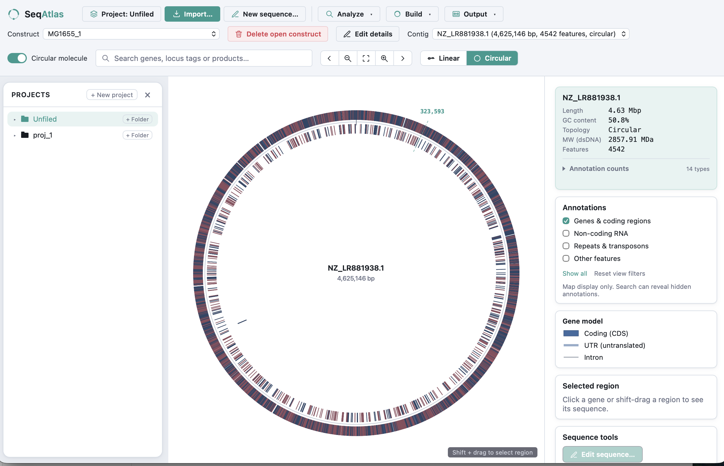SeqAtlas development view of a circular 4.63 Mbp genome, with coloured annotations, project folders and annotation-layer controls.